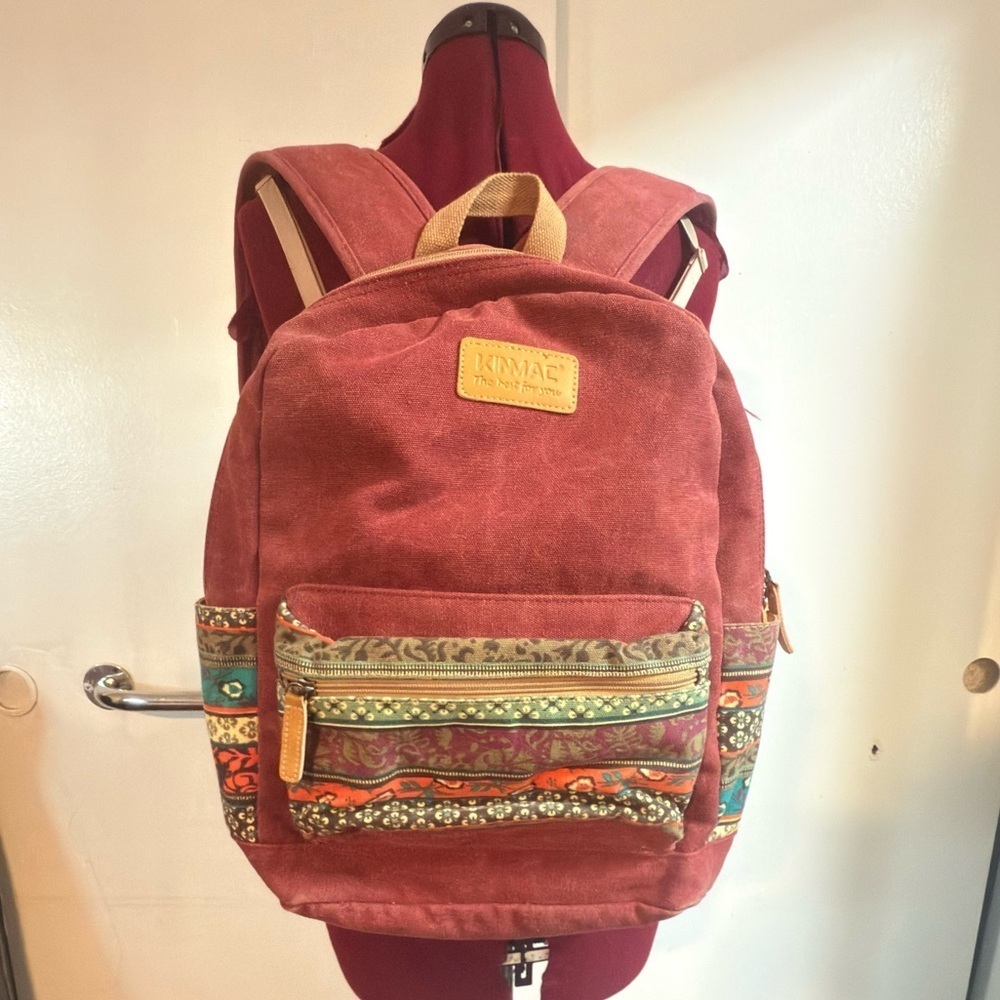 Red Backpack with Patterned Accents